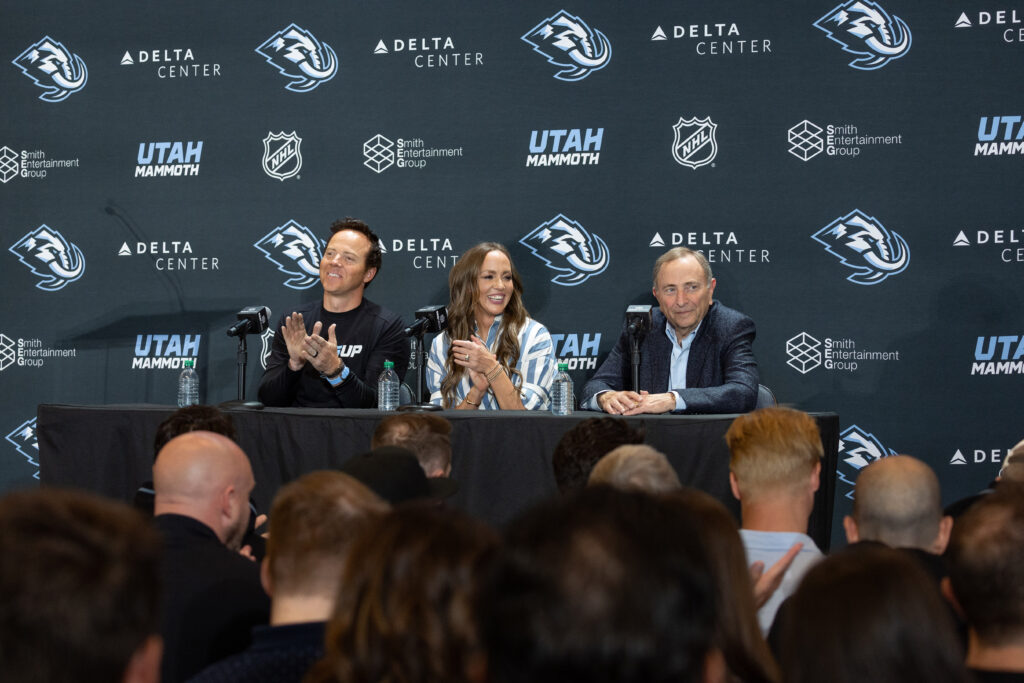 Chairman of Smith Entertainment Group Ryan Smith, Co-Founder Ashley Smith and Commissioner of the NHL Gary Bettman announce the Utah Mammoth as the new name and branding identity of Utahs NHL Franchise, Wednesday, May 7, 2025, in Salt Lake City.