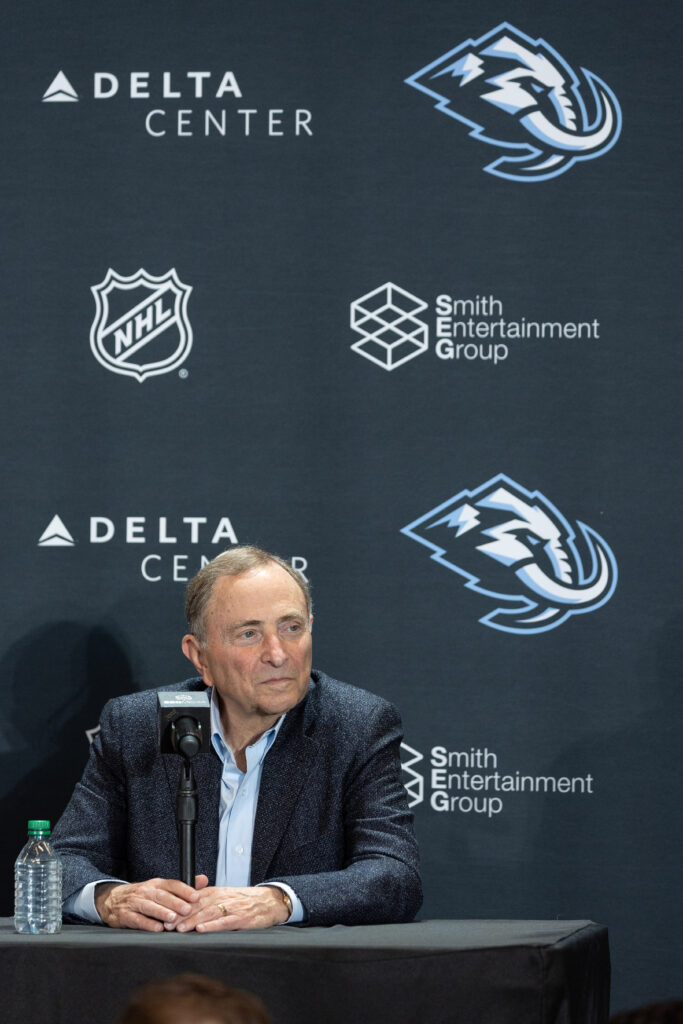 Commissioner of the NHL Gary Bettman announce the Utah Mammoth as the new name and branding identity of Utahs NHL Franchise, Wednesday, May 7, 2025, in Salt Lake City. (AP Photo/Melissa Majchrzak)