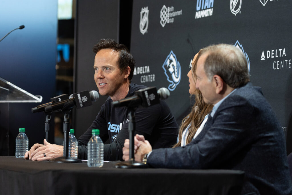 Chairman of Smith Entertainment Group Ryan Smith, Co-Founder Ashley Smith and Commissioner of the NHL Gary Bettman announce the Utah Mammoth as the new name and branding identity of Utahs NHL Franchise, Wednesday, May 7, 2025, in Salt Lake City.
