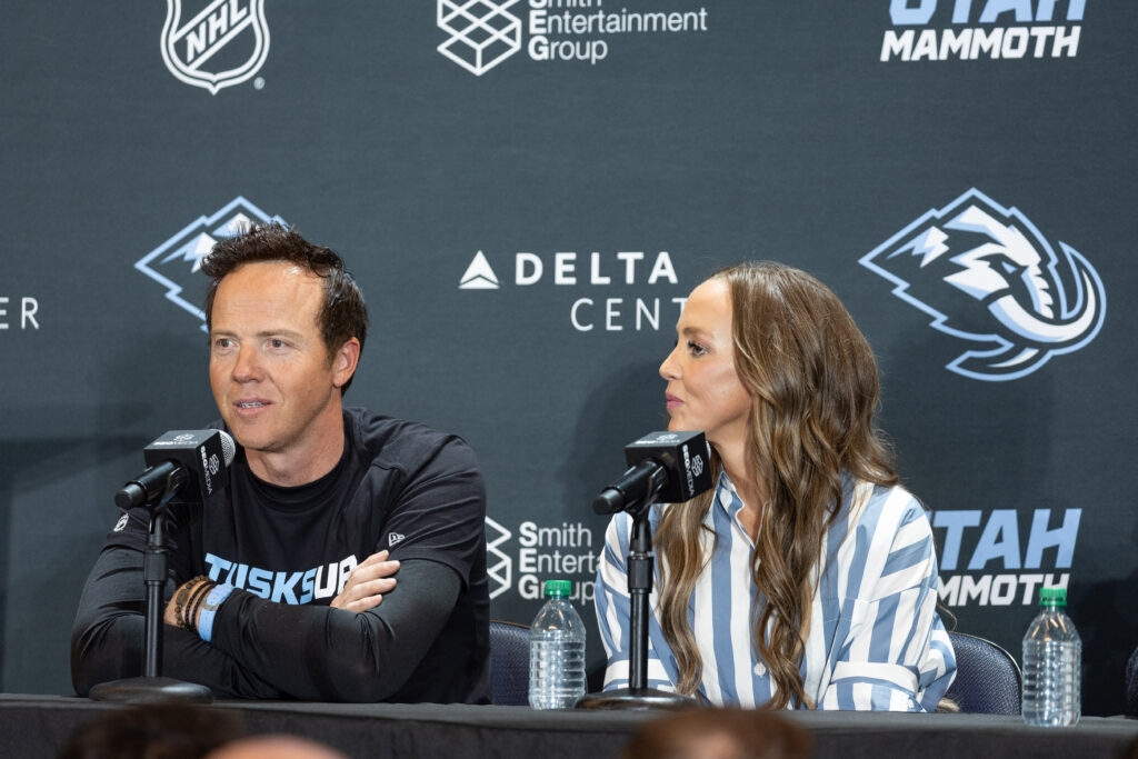 Chairman of Smith Entertainment Group Ryan Smith and Co-Founder Ashley Smith announce the Utah Mammoth as the new name and branding identity of Utahs NHL Franchise, Wednesday, May 7, 2025, in Salt Lake City. 