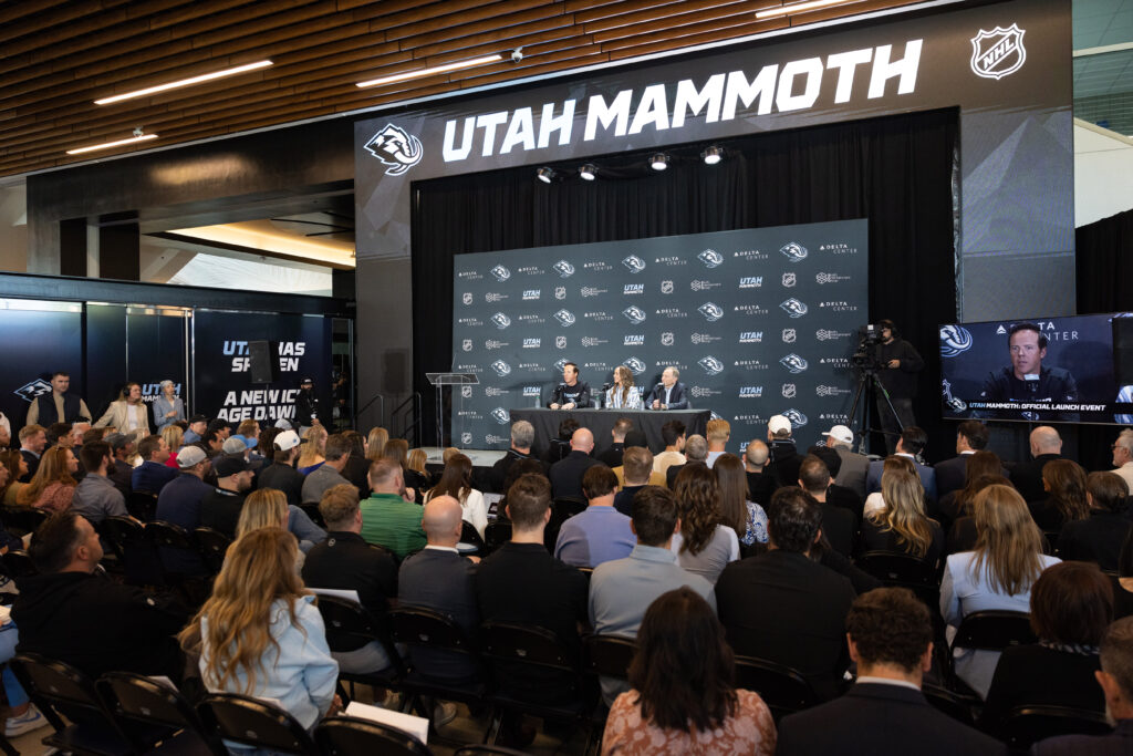 Chairman of Smith Entertainment Group Ryan Smith, Co-Founder Ashley Smith and Commissioner of the NHL Gary Bettman announce the Utah Mammoth as the new name and branding identity of Utahs NHL Franchise, Wednesday, May 7, 2025, in Salt Lake City. (AP Photo/Melissa Majchrzak)